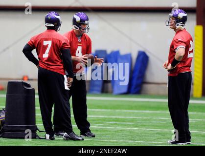 Brett Favre (#4) of the Minnesota Vikings and Sage Rosenfels (#2