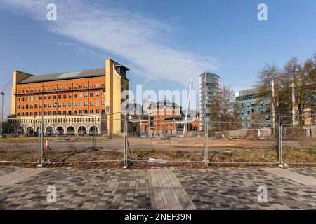 Cordoned off area for redevelopment of The Temple Quay Quarter in Bristol City centre, England, UK Stock Photo