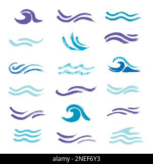 wave brush strokes vector set background. Artistic curve blue lines grunge collection. Stock Vector