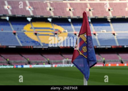 Corner flag the UEFA Europa League Knockout Round Play-Offs Barcelona vs Manchester United at Spotify Camp Nou, Barcelona, Spain. 16th Feb, 2023. (Photo by Mark Cosgrove/News Images) in Barcelona, Spain on 2/16/2023. (Photo by Mark Cosgrove/News Images/Sipa USA) Credit: Sipa USA/Alamy Live News Stock Photo