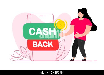 A woman stands near the smartphone, on the screen Cash Back. loyalty program. Stock Vector