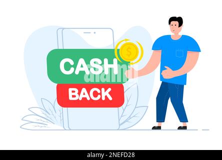 A man stands near the smartphone, on the screen Cash Back. loyalty program. Stock Vector