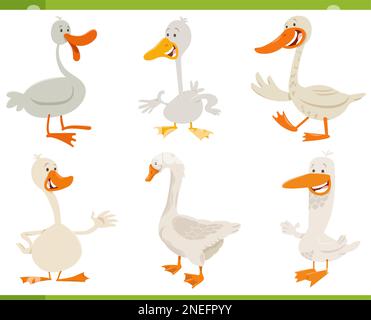 Cartoon illustration of funny geese farm animals comic characters set Stock Vector