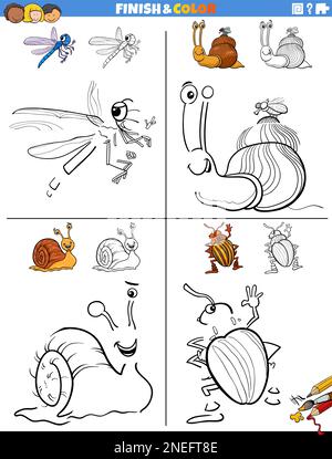 Cartoon illustration of drawing and coloring educational worksheets set with insects and molluscs animal characters Stock Vector