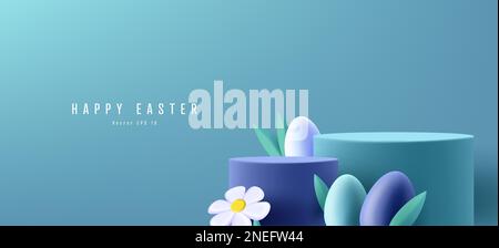 Spring Easter podium, cylinder pedestal with white chamomile daisy flowers, colourful eggs and grass, render 3d graphics Stock Vector