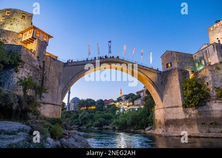 Stari Most, 16th-century Ottoman bridge over river Neretva in the old historic city Mostar, Herzegovina-Neretva Canton, Bosnia and Herzegovina Stock Photo