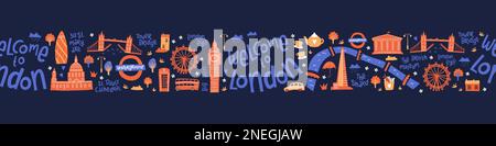 Cute hand drawn doodles of London with various elements, sights, buildings - great for postcards, prints, banners, wallpaper Stock Vector