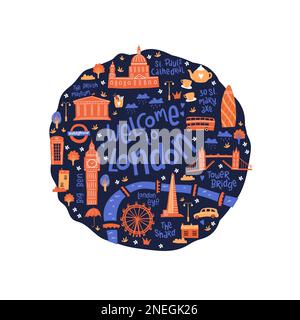 Cute hand drawn map of London with doodle elements, sights, buildings - great for postcards, prints, banners, wallpaper - vector design Stock Vector