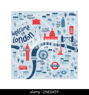 Cute hand drawn map of London with doodle elements, sights, buildings - great for postcards, prints, banners, wallpaper - vector design Stock Vector