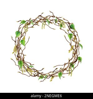 Spring branches wreath watercolor design. Illustration isolated on white. Birch tree buds, catkins and leaves. Stock Photo