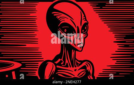 Beautiful and mysterious linocut art of an alien made for print digital ...