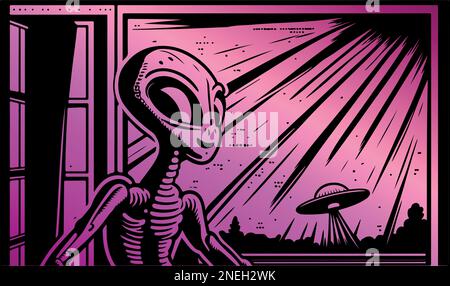Beautiful and mysterious linocut art of an alien made for print digital ...