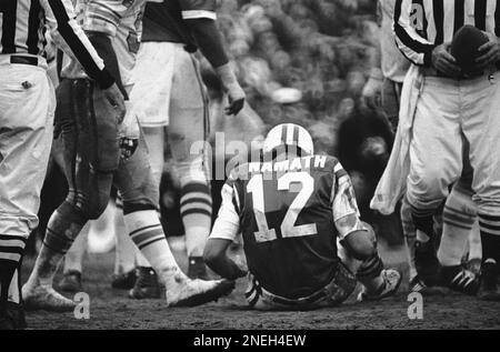 New York Jets? quarterback Joe Namath at a news conference held jointly  with pro-football commissioner Pete Rozellen in New York City, July 18,  1969. Rozelle, shown in the background, announced that Namath