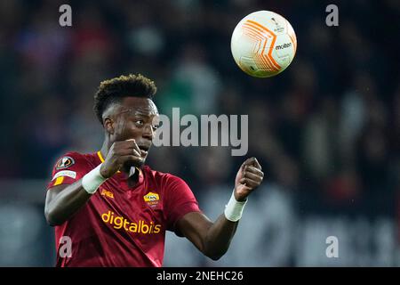 Sevilla's Loic Bade, top, heads the ball past Roma's Tammy Abraham