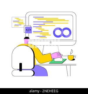 Collaborative framework isolated cartoon vector illustrations. Man programming and coding, DevSecOps system, IT technology, security and operations, collaborative framework idea vector cartoon. Stock Vector