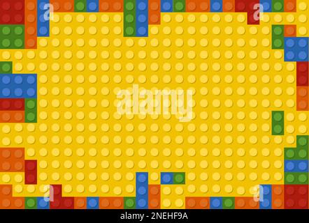 Multicolored template for text of closeup plastic construction block. Vector frame of brick plate. Background for greeting cards, web banners, flyers, Stock Vector