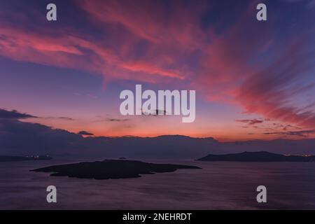 Panoramic view on the caldera at dusk, Santorini Stock Photo