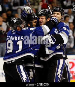 New Jersey Devils' Bryce Salvador, top, punches Tampa Bay Lightning's Zenon  Konopka (28) during a second-period fight an NHL hockey game Thursday, Oct.  8, 2009, in Tampa, Fla. (AP Photo/Chris O'Meara Stock