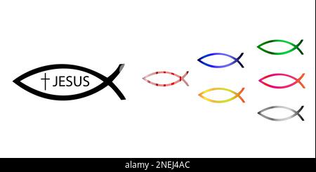 Ichthys Christian sign collection, Jesus Christ symbol as a fish shape. Conceptual illustration - Christians follow Jesus Christ. Stock Vector