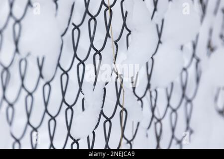 Snowy metal rabitz fence, abstract photo with selective soft focus Stock Photo
