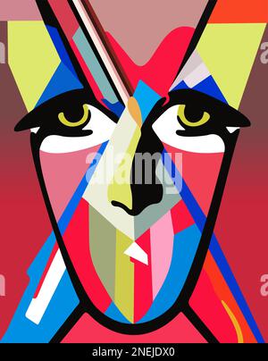 face portrait abstraction wall art illustration design vector. creative shapes design graphics with textured geometric shapes. abstract geometric face Stock Vector