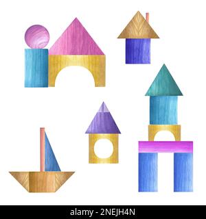 Watercolor illustration of a set of wooden building blocks isolated on white background. Nursery, Kids Room Decor. Eco-friendly materials Child Toy Stock Photo