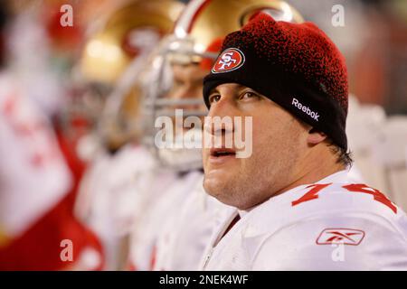 San Francisco 49ers Joe Staley (74) celebrates his 17-yard pass reception  against the Cleveland Browns in the first quarter of their game on Sunday,  October 30, 2011, at Candlestick Park in San