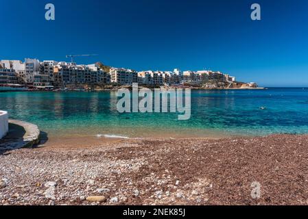 The beach of Marsalforn village, Gozo Stock Photo