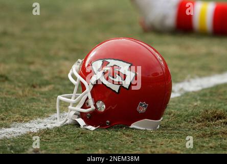 Kansas City Chiefs helmets sit on a cooler during the first half