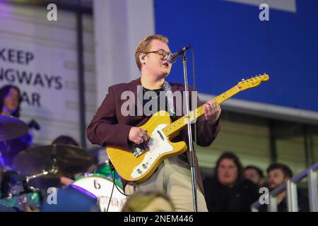 Warrington, UK. 16th Feb, 2023. The Lathums preform ahead of the Betfred Super League Round 1 match Warrington Wolves vs Leeds Rhinos at Halliwell Jones Stadium, Warrington, United Kingdom, 16th February 2023 (Photo by Gareth Evans/News Images) in Warrington, United Kingdom on 2/16/2023. (Photo by Gareth Evans/News Images/Sipa USA) Credit: Sipa USA/Alamy Live News Stock Photo