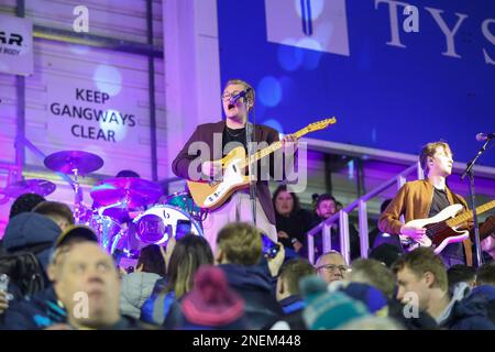 Warrington, UK. 16th Feb, 2023. The Lathums preform ahead of the Betfred Super League Round 1 match Warrington Wolves vs Leeds Rhinos at Halliwell Jones Stadium, Warrington, United Kingdom, 16th February 2023 (Photo by Gareth Evans/News Images) in Warrington, United Kingdom on 2/16/2023. (Photo by Gareth Evans/News Images/Sipa USA) Credit: Sipa USA/Alamy Live News Stock Photo