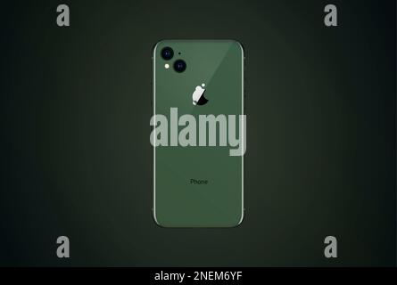 New smart phone with camera to call template design. Sim card is owned. Vector green cell phone back view mockup on dark background Stock Vector