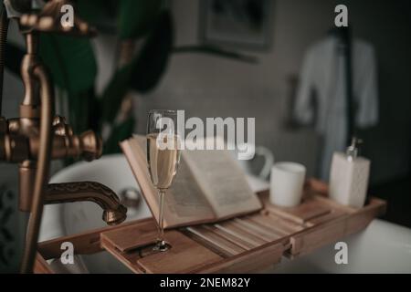 Native hues organic shapes look of bathroom with big window oval bathtub in neutrals earth tones. Green palm plants candles bubblebath leasure and rel Stock Photo