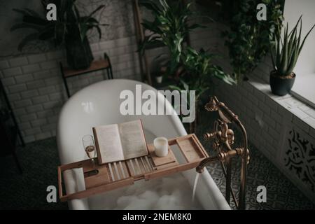 Native hues organic shapes look of bathroom with big window oval bathtub in neutrals earth tones. Green palm plants candles bubblebath leasure and rel Stock Photo