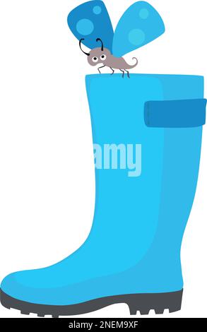 blue rubber boot on which a blue butterfly sits, cartoon style, gardening Stock Vector