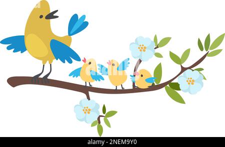 Yellow bird with chicks on a flowering branch, vector illustration Stock Vector