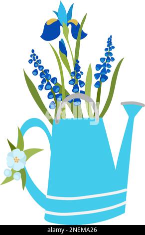 Blue watering can with blue flowers Stock Vector
