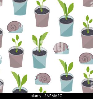 home flowers in pots snails. seamless vector pattern Stock Vector