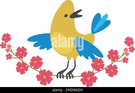 Yellow bird sits on a branch with red flowers Stock Vector