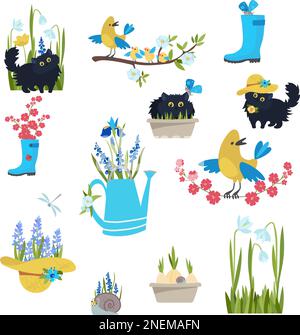 set of compositions gardening, spring planting, spring flowers, cat in the garden. Stock Vector