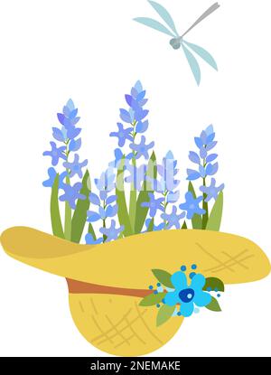 summer hat with flowers, hyacinths and dragonfly, Illustration on the theme of gardening Stock Vector