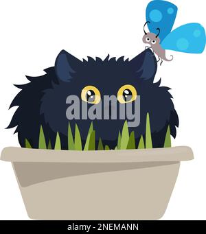 Black cat sits in a flower pot with a blue butterfly Stock Vector