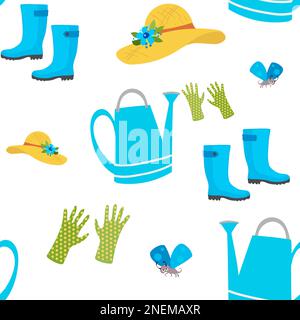 Gardening. seamless pattern with garden watering can, gloves, rubber boots Stock Vector