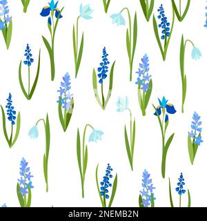 Spring flowers, hyacinths and snowdrops, muscari. drawing seamless pattern Stock Vector