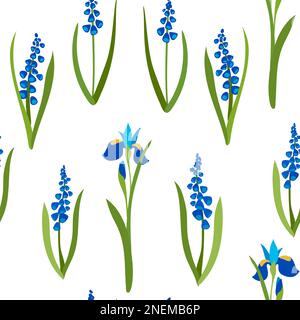 Spring flowers, irises and muscari. seamless garden pattern Stock Vector