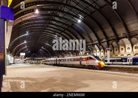 London North Eastern railway Hitachi AT300 class 801 bi mode train at York railway station on the east coast mainline Stock Photo