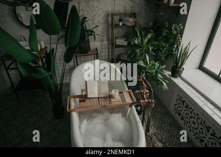 Native hues organic shapes look of bathroom with big window oval bathtub in neutrals earth tones. Green palm plants candles bubblebath leasure and rel Stock Photo