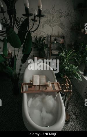 Native hues organic shapes look of bathroom with big window oval bathtub in neutrals earth tones. Green palm plants candles bubblebath leasure and rel Stock Photo