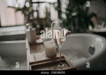 Native hues organic shapes look of bathroom with big window oval bathtub in neutrals earth tones. Green palm plants candles bubblebath leasure and rel Stock Photo