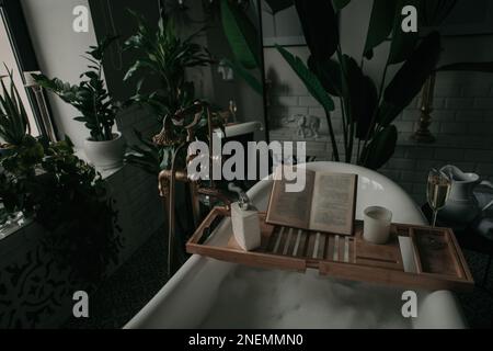 Native hues organic shapes look of bathroom with big window oval bathtub in neutrals earth tones. Green palm plants candles bubblebath leasure and rel Stock Photo